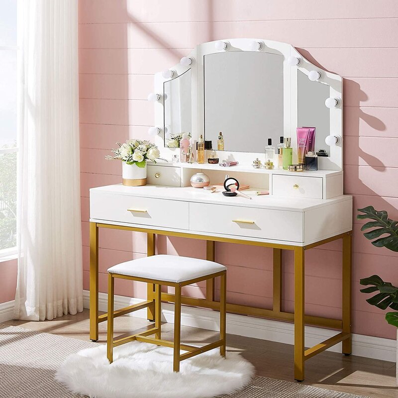 Latitude Run® 47” Large Vanity Set With Tri Folding Lighted Mirror Elegant Makeup Table Vanity